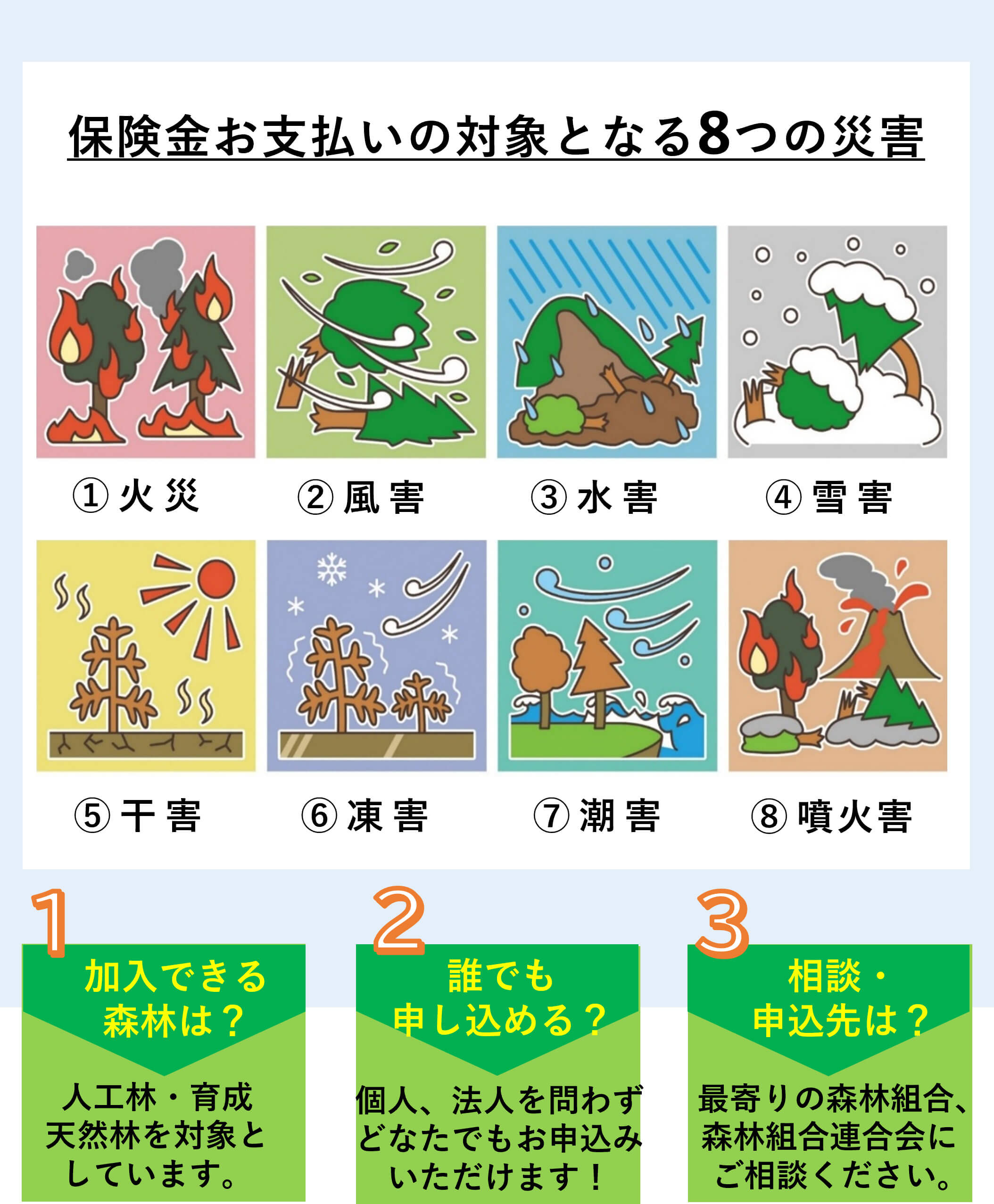 �ی������x�����̑ΏۂƂȂ�8�̍ЊQ�@�΍ЇA���Q�B���Q�C��Q�D���Q�E���Q�F���Q�G���ΊQ 1�����ł���X�т́H�l�H�сE�琬�V�R�т�ΏۂƂ��Ă��܂��B2�N�ł��\�����߂�H�l�A�@�l���킸�ǂȂ��ł����\���݂��������܂��I3���k�E�\����́H�Ŋ��̐X�ёg���A�X�ёg���A����ɂ����k���������B